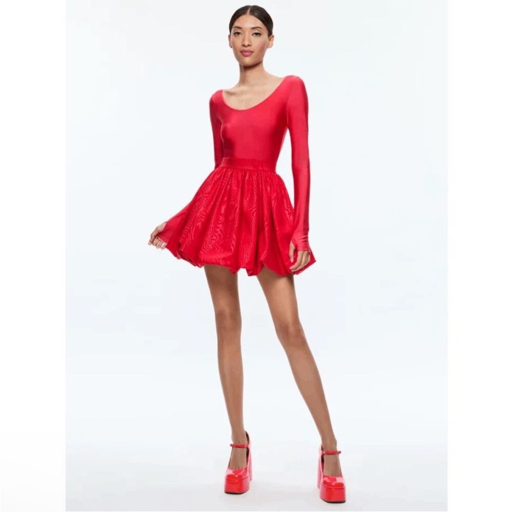 NWT Alice + Olivia Chara Red Holiday Long Sleeve Bubble-Hem Minidress size 12